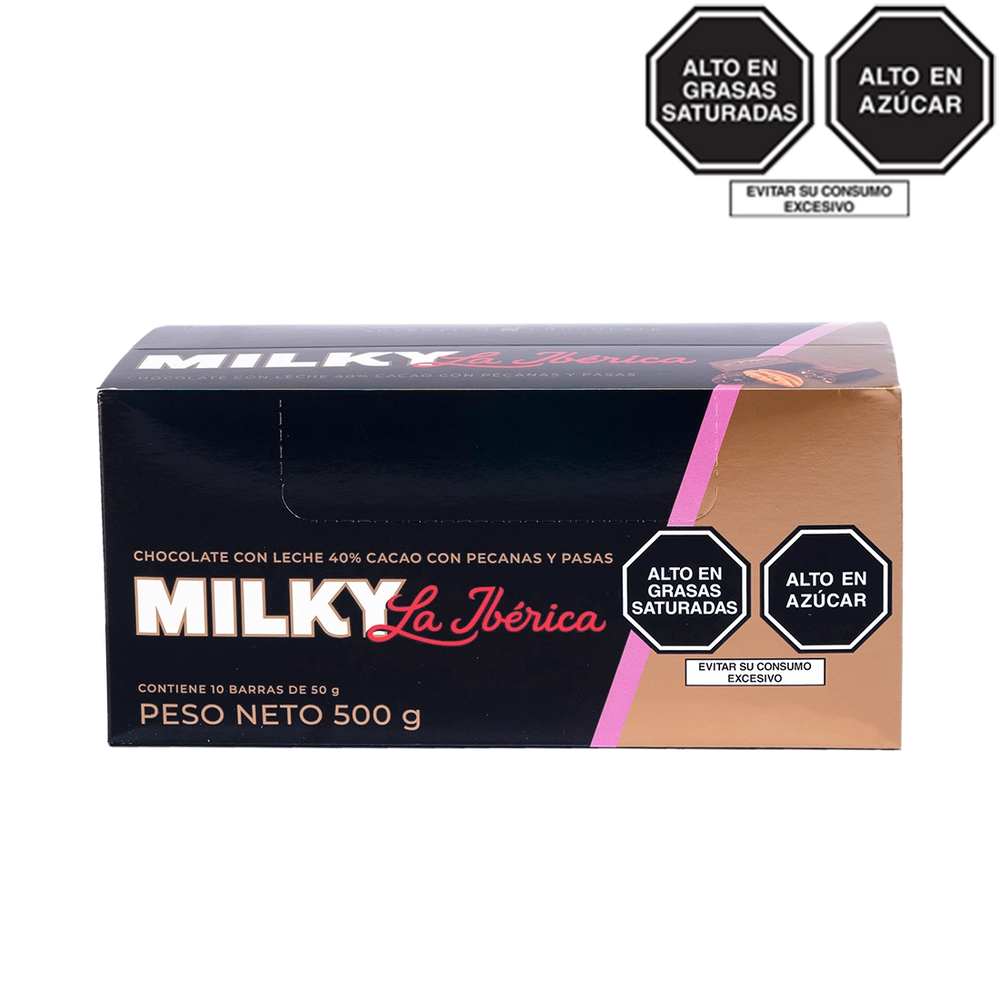 Barra Milky La Ibérica con pecanas y pasas x 50 g x 10 pzs