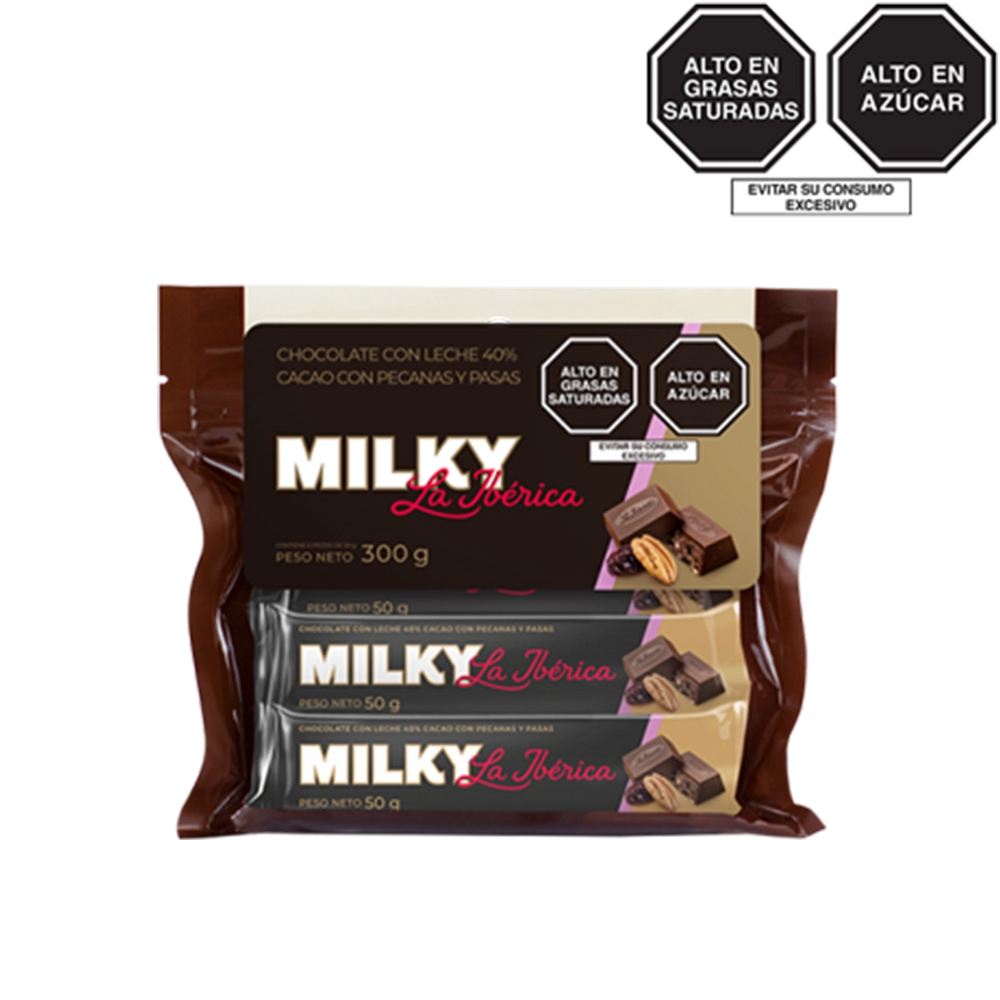 Barra Milky La Ibérica con pecanas y pasas x 50 g x 6 pzs