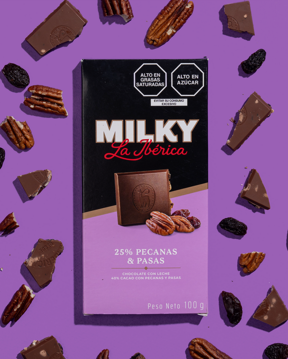 Tableta Milky La Ibérica pecanas y pasas x 100 g x 6 pzs