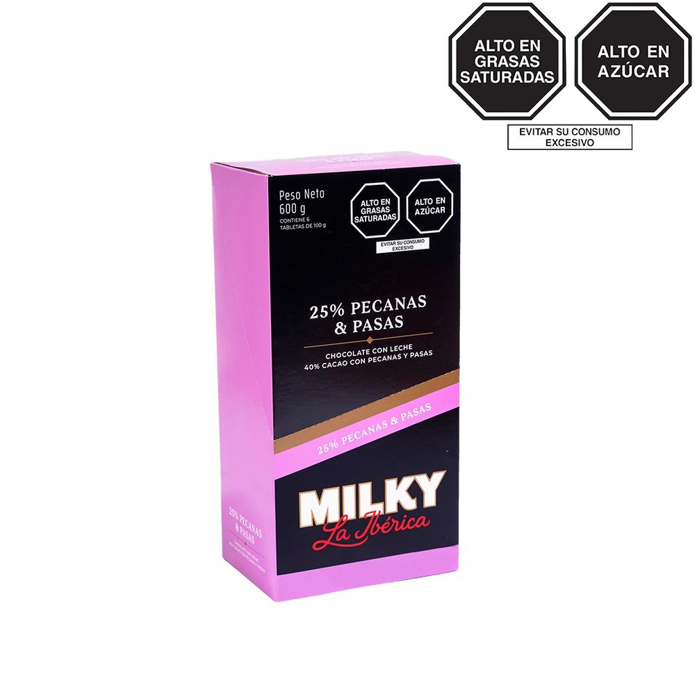 Tableta Milky La Ibérica pecanas y pasas x 100 g x 6 pzs